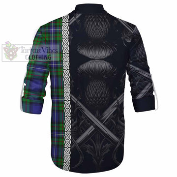Tartan Vibes Clothing Donnachaidh Tartan Ghillie Kilt Shirt with Family Crest Cross Sword Thistle Celtic Vibes