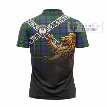 Donnachaidh Crest Tartan Zipper Polo Shirt with Golden Lion Emblem Celtic Style