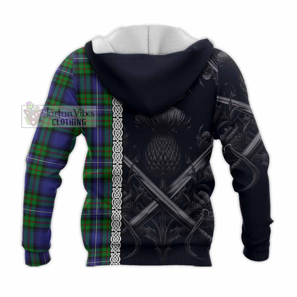 Tartan Vibes Clothing Donnachaidh Tartan Knitted Hoodie with Family Crest Cross Sword Thistle Celtic Vibes