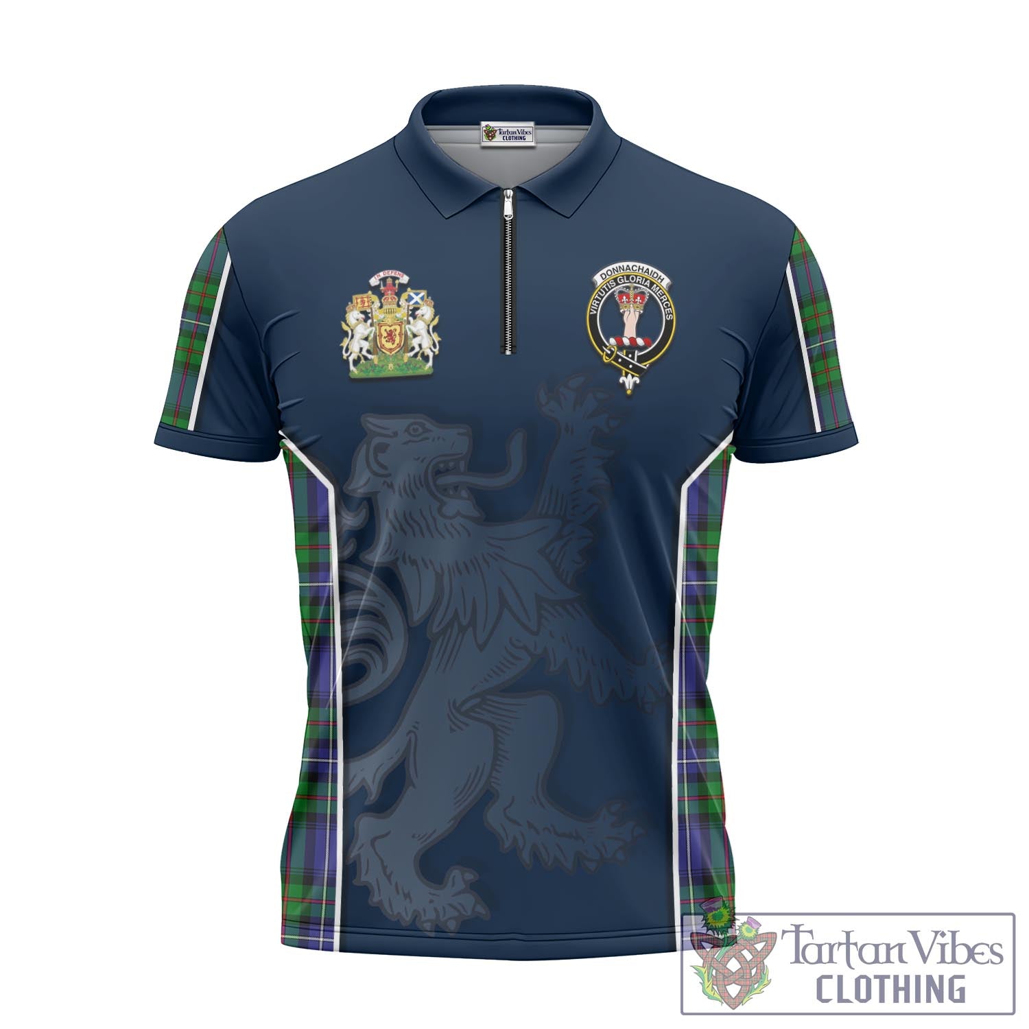 Tartan Vibes Clothing Donnachaidh Tartan Zipper Polo Shirt with Family Crest and Lion Rampant Vibes Sport Style