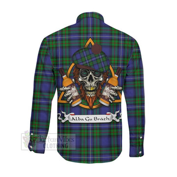 Donnachaidh Tartan Long Sleeve Button Shirt with Family Crest and Bearded Skull Holding Bottles of Whiskey