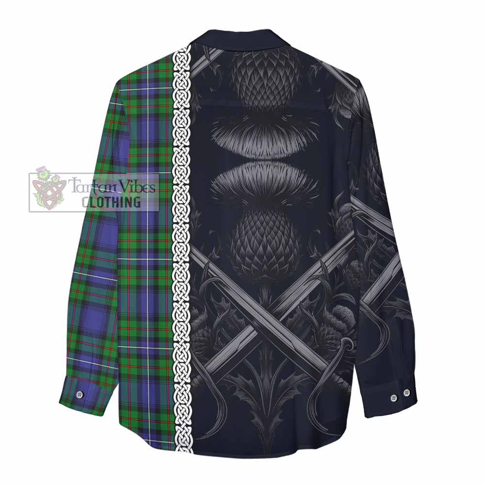 Tartan Vibes Clothing Donnachaidh Tartan Women's Casual Shirt with Family Crest Cross Sword Thistle Celtic Vibes