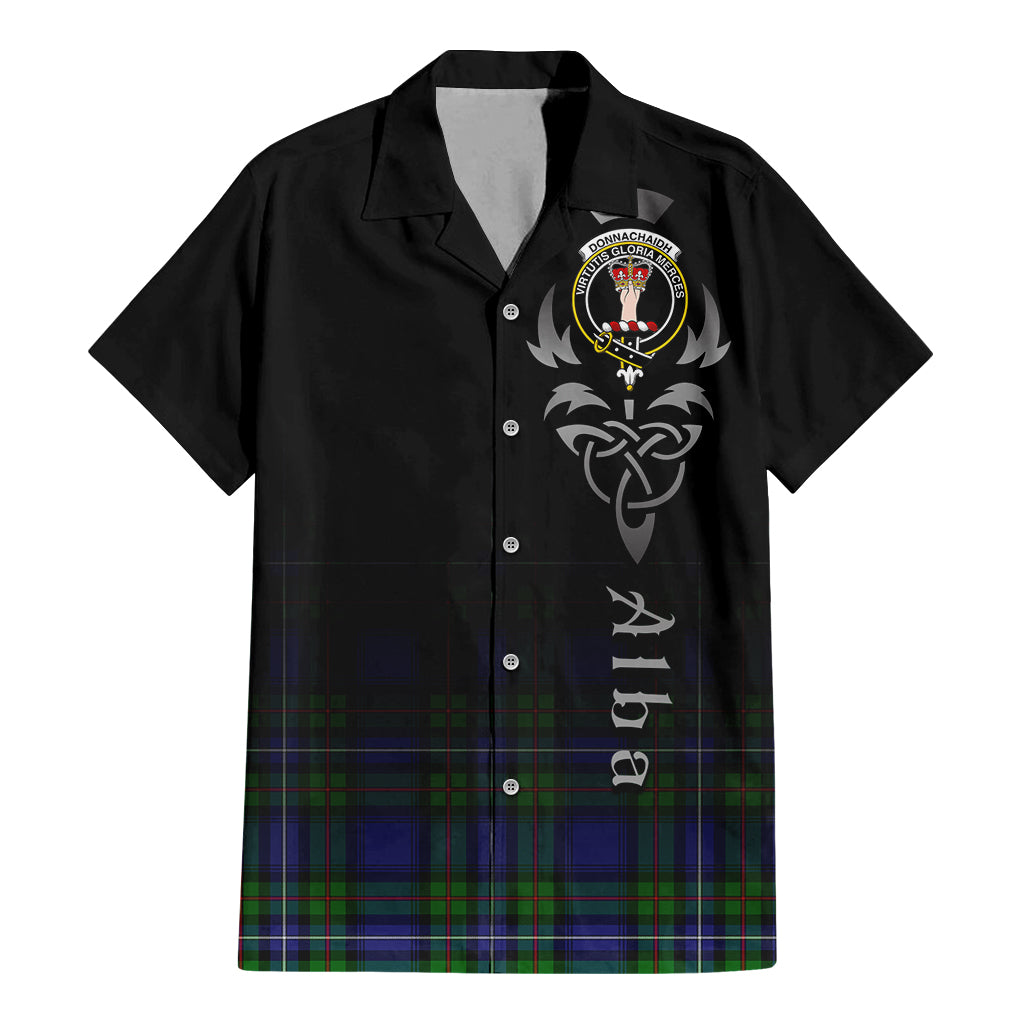 Tartan Vibes Clothing Donnachaidh Tartan Short Sleeve Button Up Featuring Alba Gu Brath Family Crest Celtic Inspired