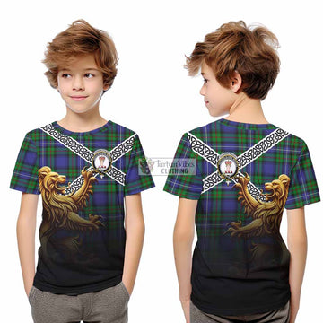 Donnachaidh Crest Tartan Kid T-Shirt with Golden Lion Emblem Celtic Style