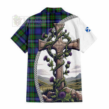 Donnachaidh Tartan Hawaiian Shirt with Family Crest and St. Andrew's Cross Accented by Thistle Vines