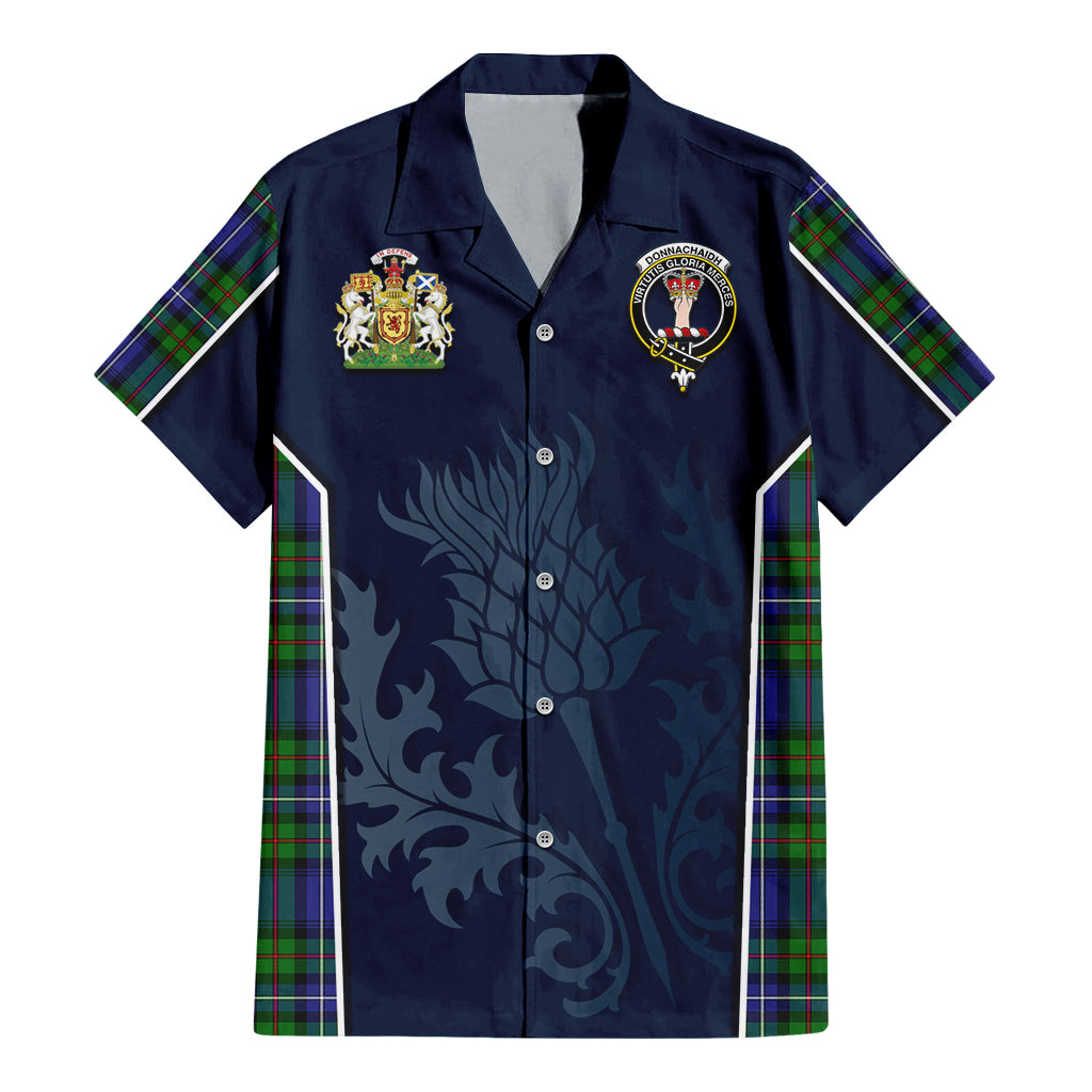Tartan Vibes Clothing Donnachaidh Tartan Short Sleeve Button Up Shirt with Family Crest and Scottish Thistle Vibes Sport Style