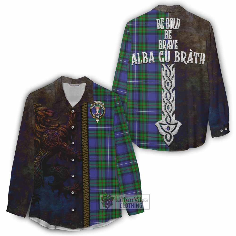 Tartan Vibes Clothing Donnachaidh Tartan Family Crest Women's Casual Shirt Alba Gu Brath Be Brave Lion Ancient Style