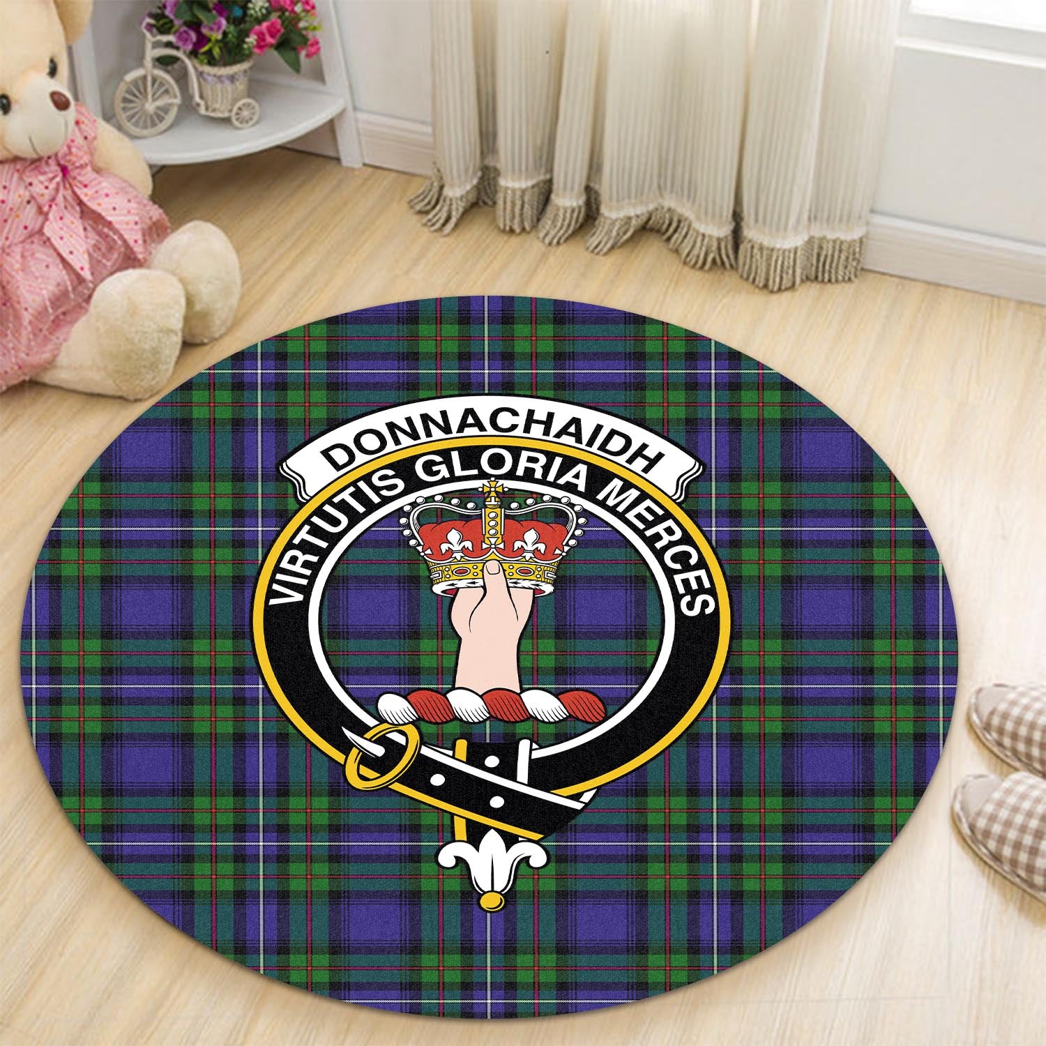 Donnachaidh Tartan Round Rug with Family Crest - Tartanvibesclothing