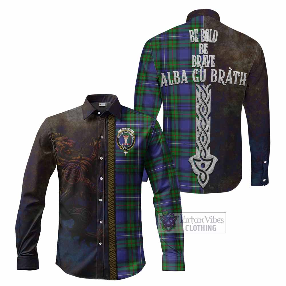 Tartan Vibes Clothing Donnachaidh Tartan Family Crest Long Sleeve Button Shirt Alba Gu Brath Be Brave Lion Ancient Style