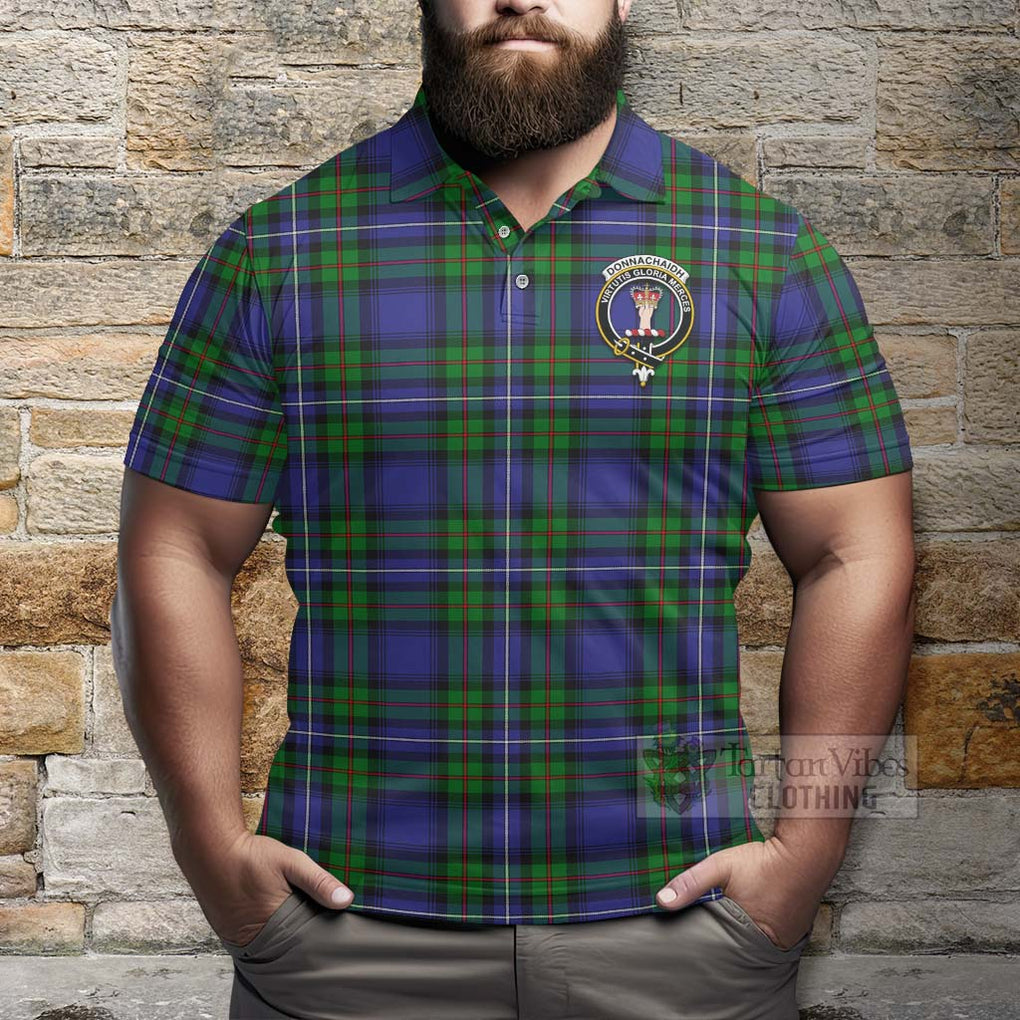 Tartan Vibes Clothing Donnachaidh Tartan Polo Shirt with Family Crest and Bearded Skull Holding Bottles of Whiskey