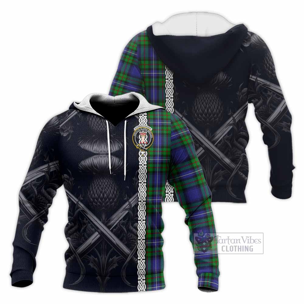 Tartan Vibes Clothing Donnachaidh Tartan Knitted Hoodie with Family Crest Cross Sword Thistle Celtic Vibes