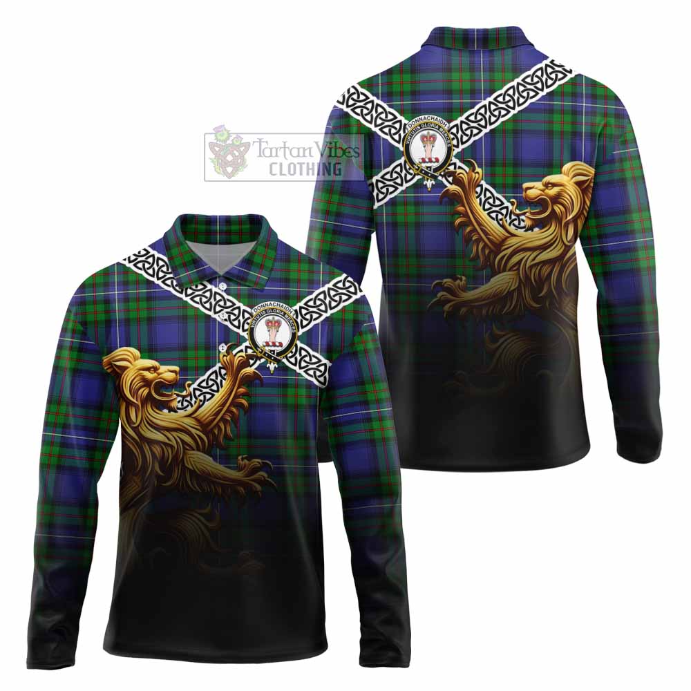 Tartan Vibes Clothing Donnachaidh Crest Tartan Long Sleeve Polo Shirt with Golden Lion Emblem Celtic Style