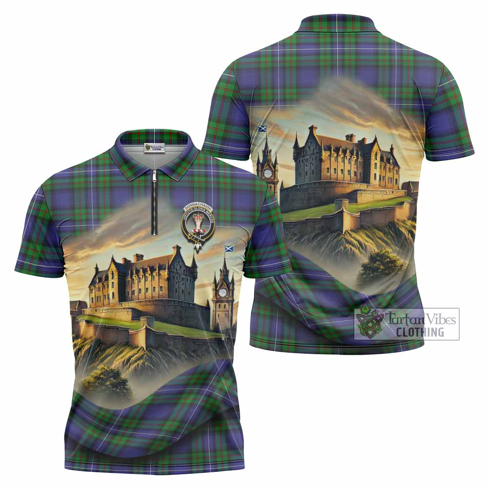 Tartan Vibes Clothing Donnachaidh Tartan Family Crest Zipper Polo Shirt with Scottish Ancient Castle Stype