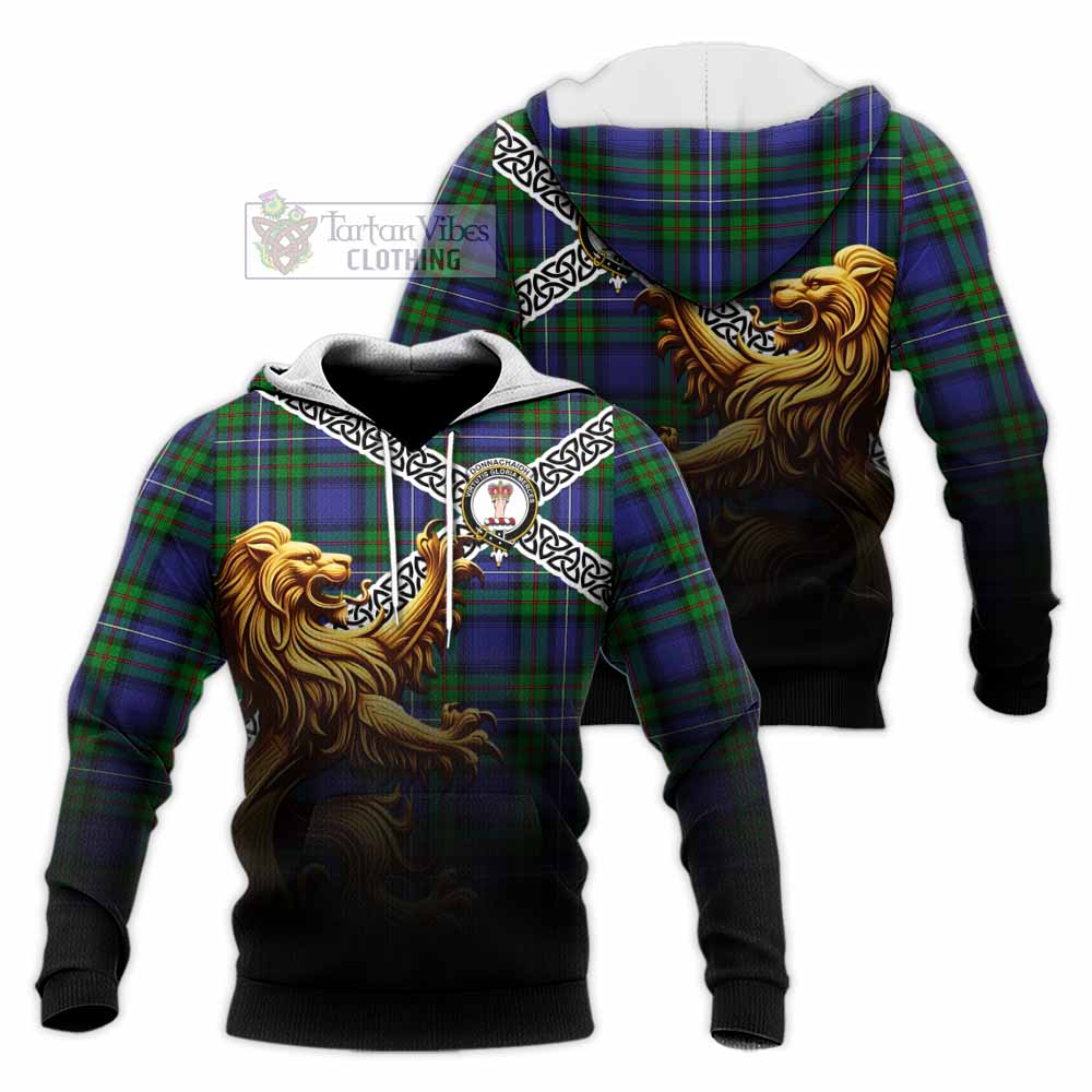 Tartan Vibes Clothing Donnachaidh Crest Tartan Knitted Hoodie with Golden Lion Emblem Celtic Style