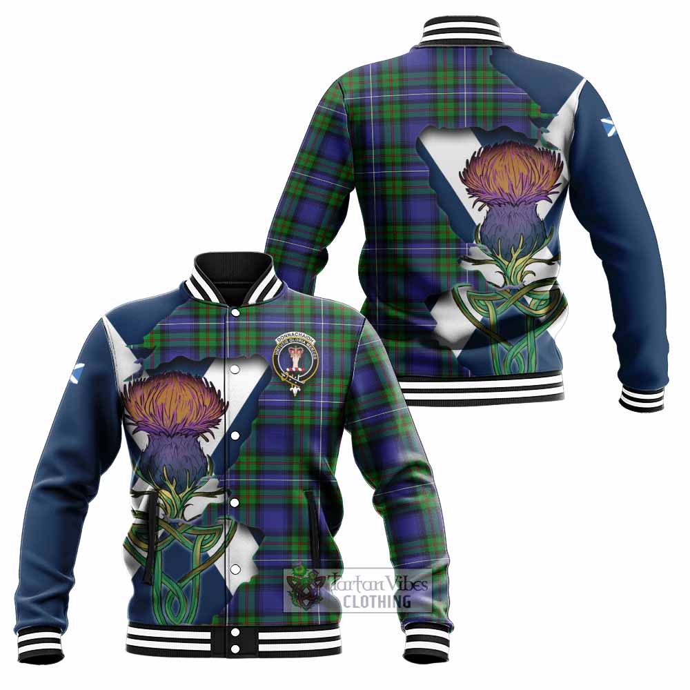 Tartan Vibes Clothing Donnachaidh Tartan Family Crest Baseball Jacket Scottish Thistle Celtic Inspired