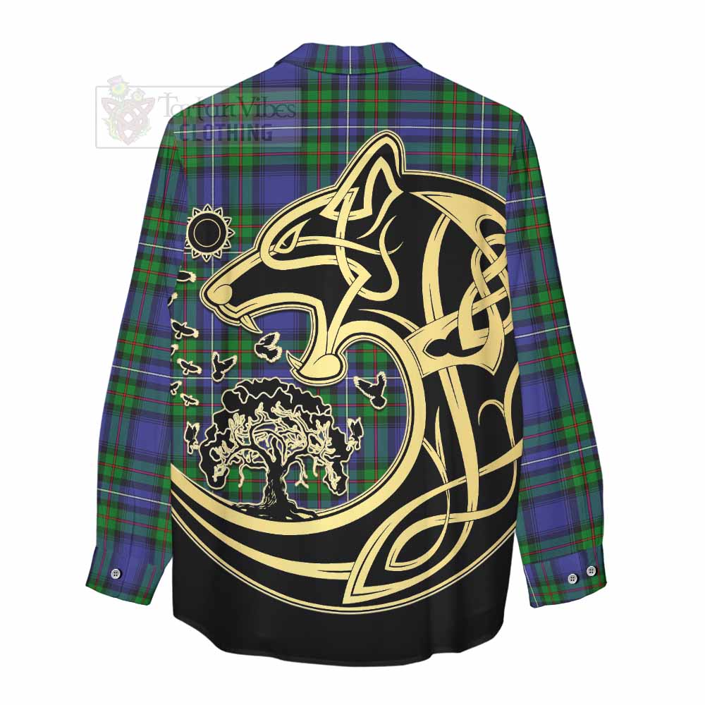 Tartan Vibes Clothing Donnachaidh Tartan Women's Casual Shirt with Family Crest Celtic Wolf Style