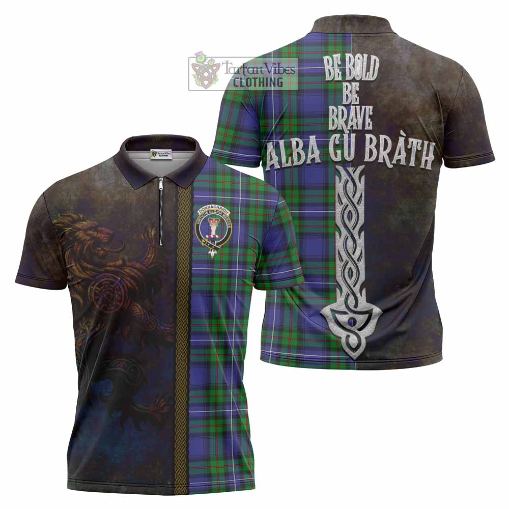 Tartan Vibes Clothing Donnachaidh Tartan Family Crest Zipper Polo Shirt Alba Gu Brath Be Brave Lion Ancient Style