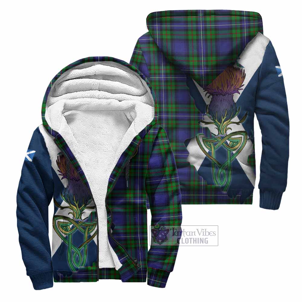 Tartan Vibes Clothing Donnachaidh Tartan Family Crest Sherpa Hoodie Scottish Thistle Celtic Inspired