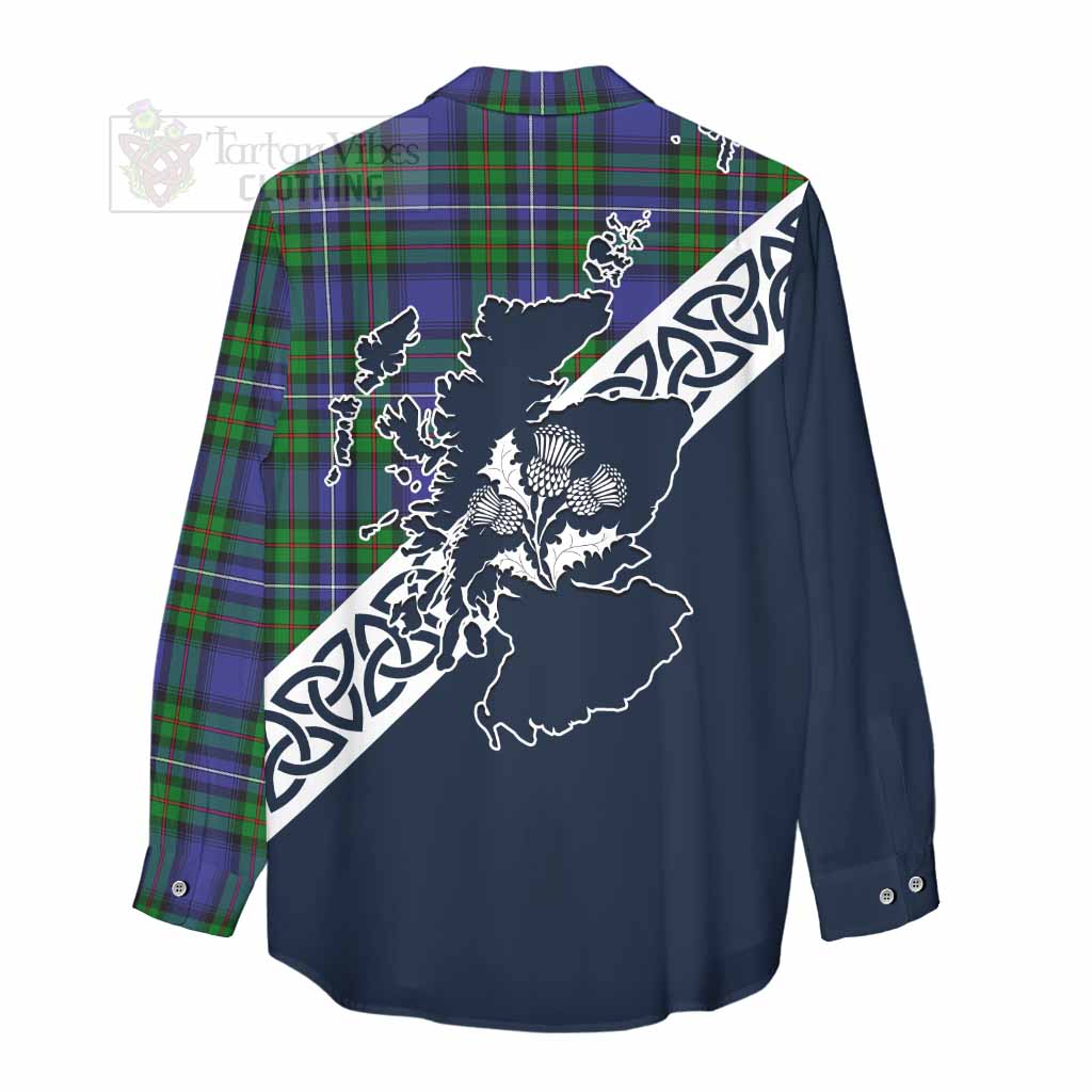 Tartan Vibes Clothing Donnachaidh Tartan Women's Casual Shirt Featuring Thistle and Scotland Map