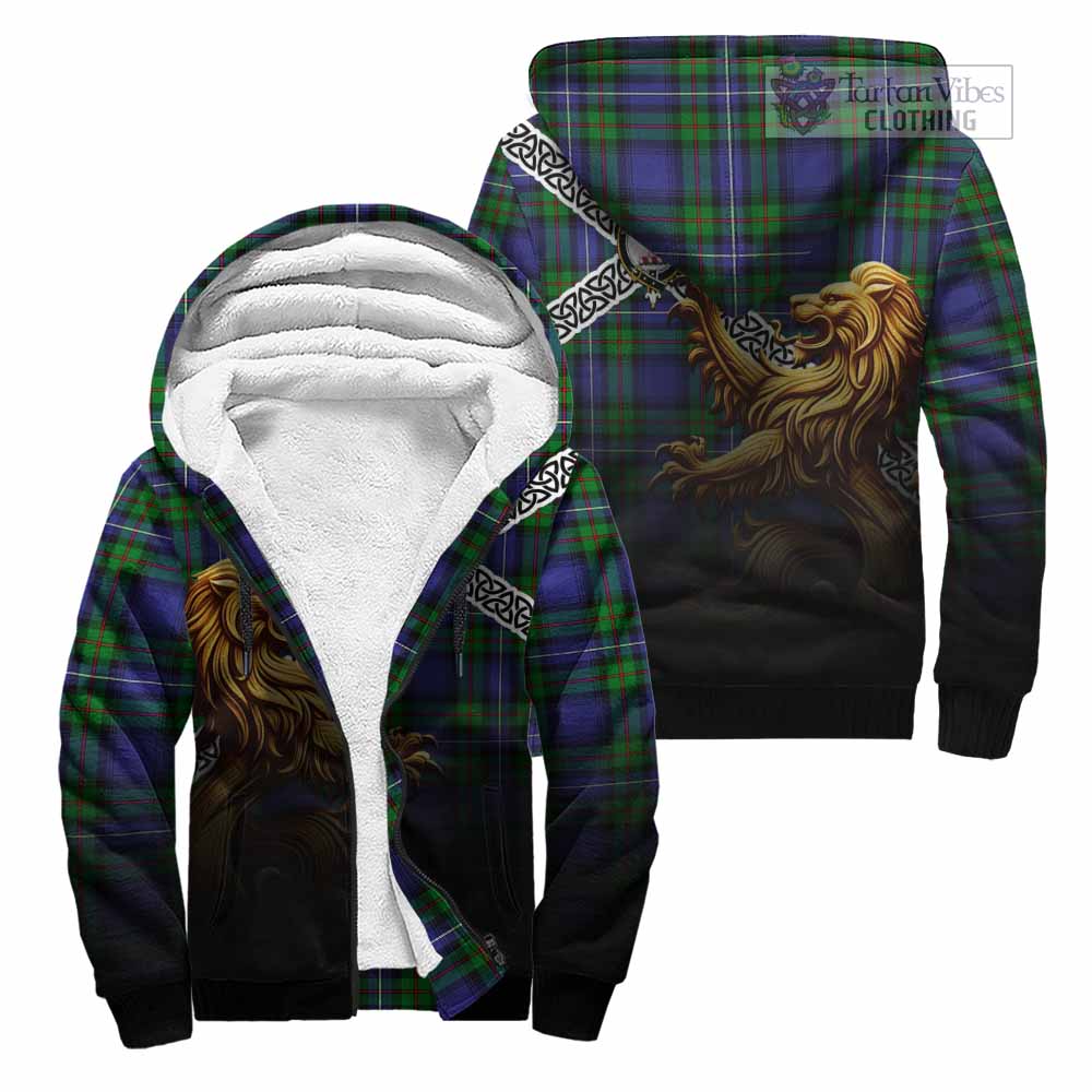 Tartan Vibes Clothing Donnachaidh Crest Tartan Sherpa Hoodie with Golden Lion Emblem Celtic Style
