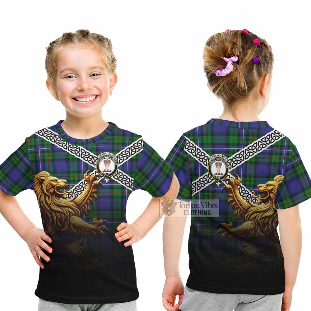 Tartan Vibes Clothing Donnachaidh Crest Tartan Kid T-Shirt with Golden Lion Emblem Celtic Style