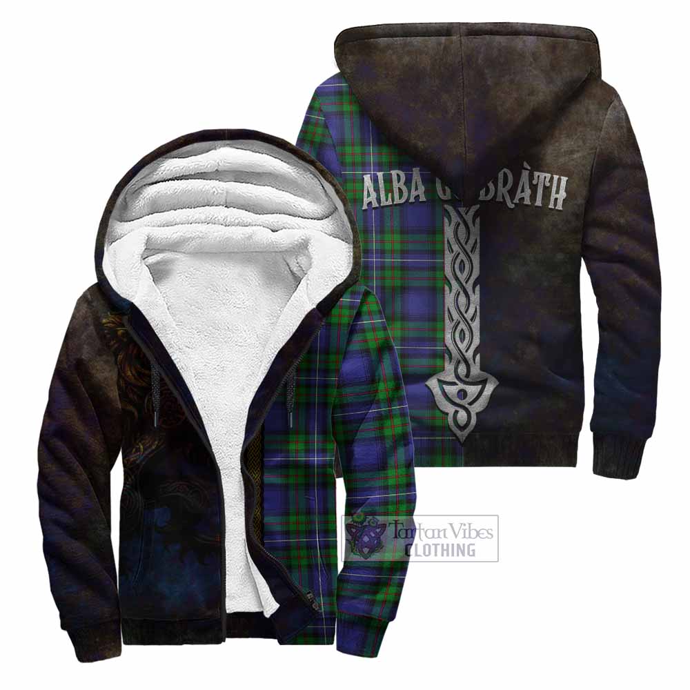 Tartan Vibes Clothing Donnachaidh Tartan Family Crest Sherpa Hoodie Alba Gu Brath Be Brave Lion Ancient Style