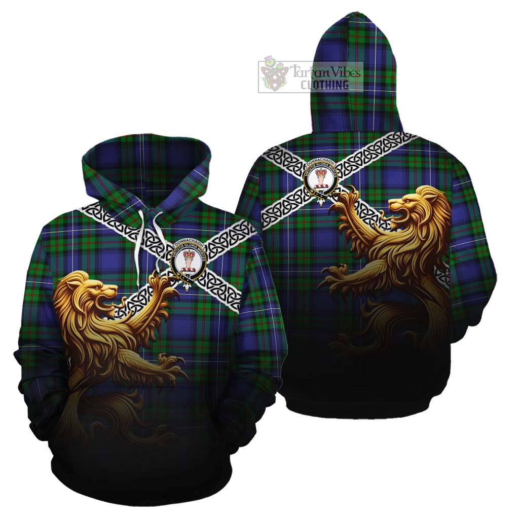 Tartan Vibes Clothing Donnachaidh Crest Tartan Cotton Hoodie with Golden Lion Emblem Celtic Style