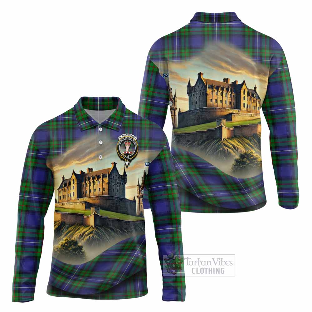 Tartan Vibes Clothing Donnachaidh Tartan Family Crest Long Sleeve Polo Shirt with Scottish Ancient Castle Style