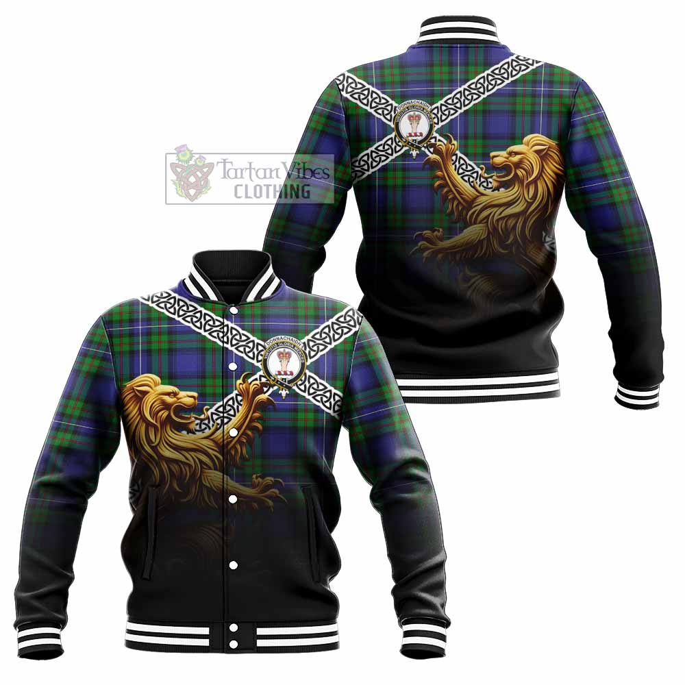 Tartan Vibes Clothing Donnachaidh Crest Tartan Baseball Jacket with Golden Lion Emblem Celtic Style