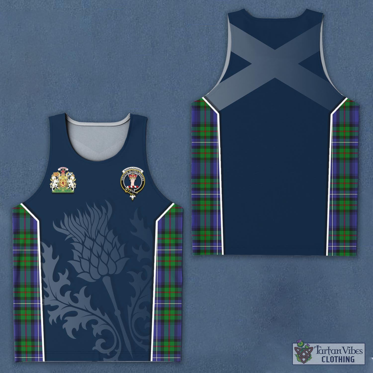 Tartan Vibes Clothing Donnachaidh Tartan Men's Tanks Top with Family Crest and Scottish Thistle Vibes Sport Style
