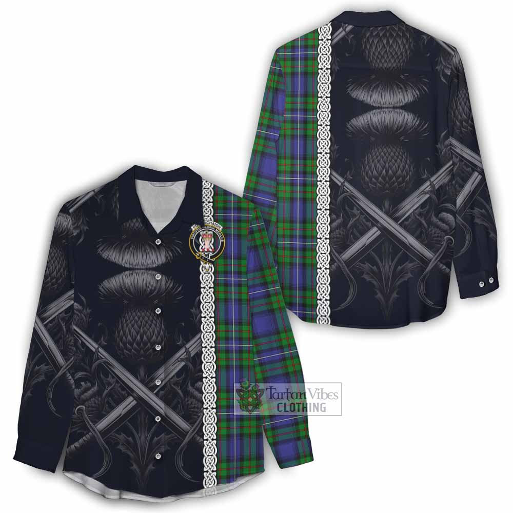 Tartan Vibes Clothing Donnachaidh Tartan Women's Casual Shirt with Family Crest Cross Sword Thistle Celtic Vibes