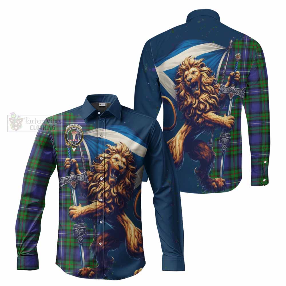 Tartan Vibes Clothing Donnachaidh Tartan Family Crest Long Sleeve Button Shirt with Scottish Majestic Lion