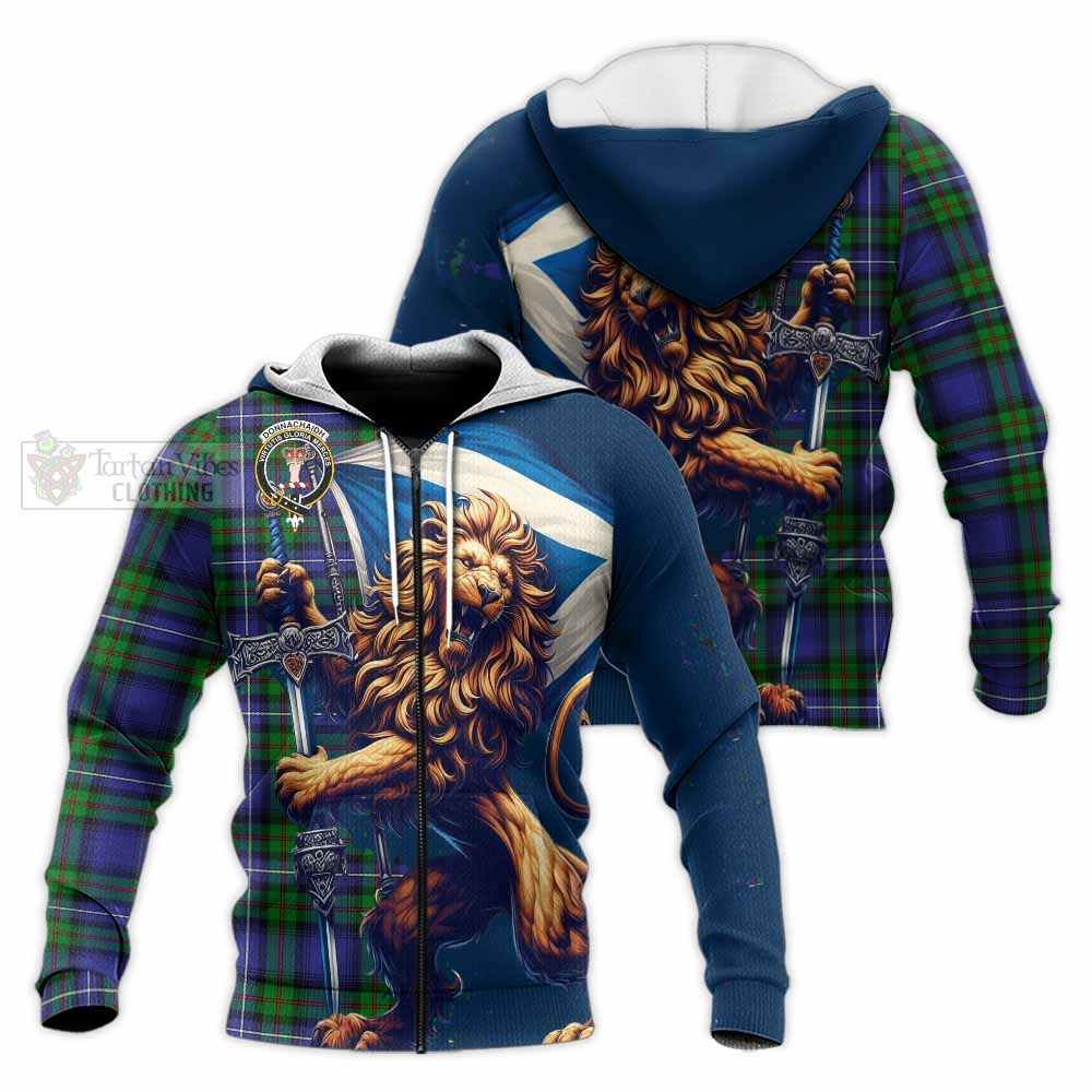 Tartan Vibes Clothing Donnachaidh Tartan Family Crest Knitted Hoodie with Scottish Majestic Lion