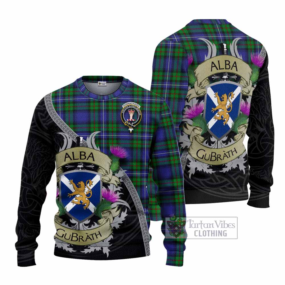 Tartan Vibes Clothing Donnachaidh Tartan Family Crest Knitted Sweater Lion Rampant Royal Thistle Shield Celtic Inspired