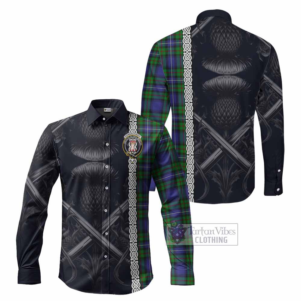 Tartan Vibes Clothing Donnachaidh Tartan Long Sleeve Button Shirt with Family Crest Cross Sword Thistle Celtic Vibes