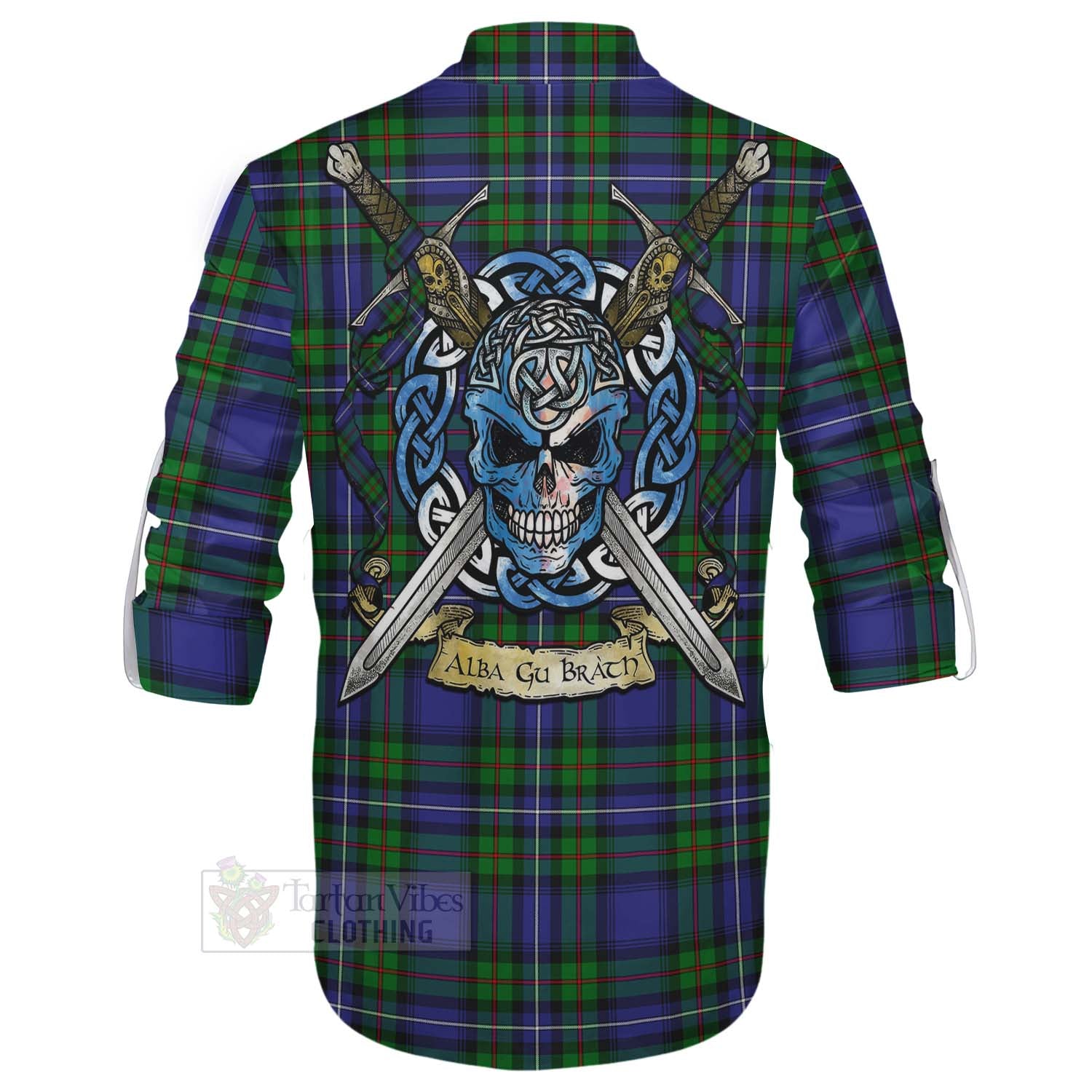 Tartan Vibes Clothing Donnachaidh Tartan Ghillie Kilt Shirt with Family Crest Celtic Skull Style