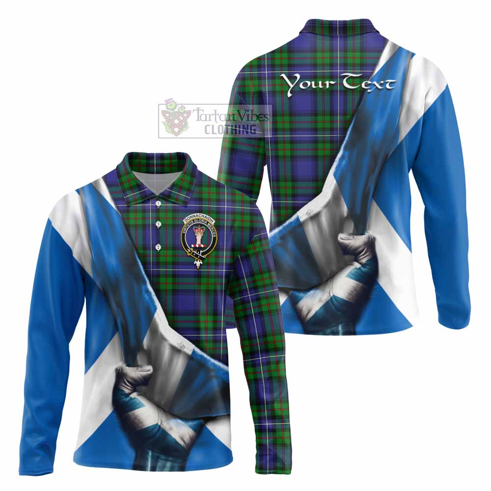 Tartan Vibes Clothing Donnachaidh Tartan Long Sleeve Polo Shirt with Family Crest Scotland Patriotic Style