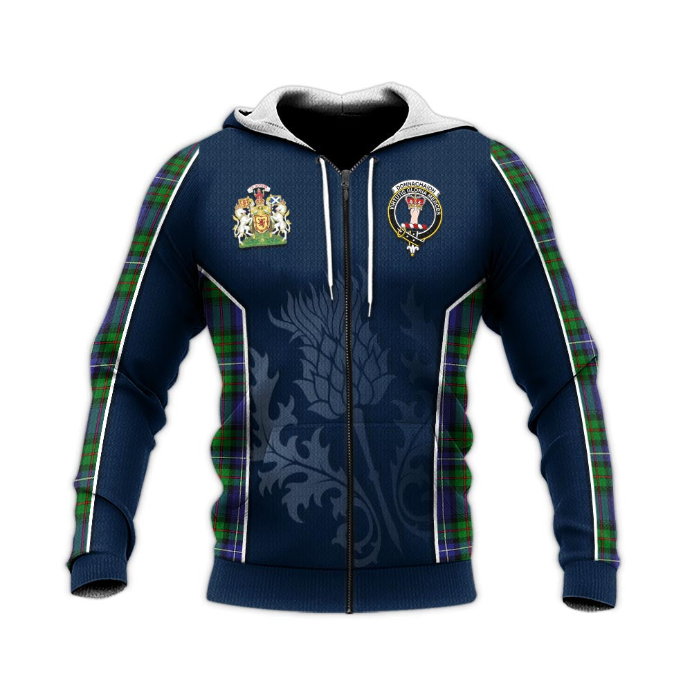 Tartan Vibes Clothing Donnachaidh Tartan Knitted Hoodie with Family Crest and Scottish Thistle Vibes Sport Style