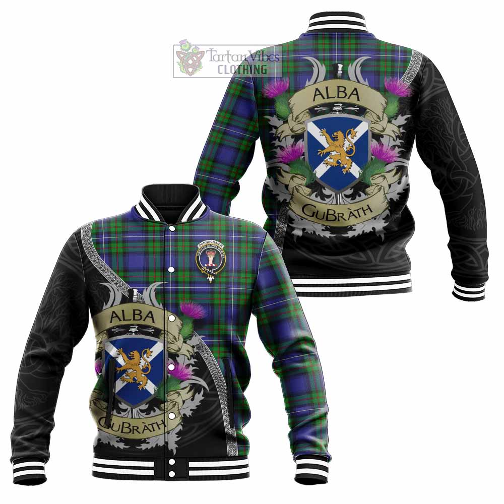 Tartan Vibes Clothing Donnachaidh Tartan Family Crest Baseball Jacket Lion Rampant Royal Thistle Shield Celtic Inspired