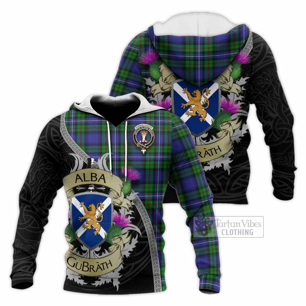 Tartan Vibes Clothing Donnachaidh Tartan Family Crest Knitted Hoodie Lion Rampant Royal Thistle Shield Celtic Inspired