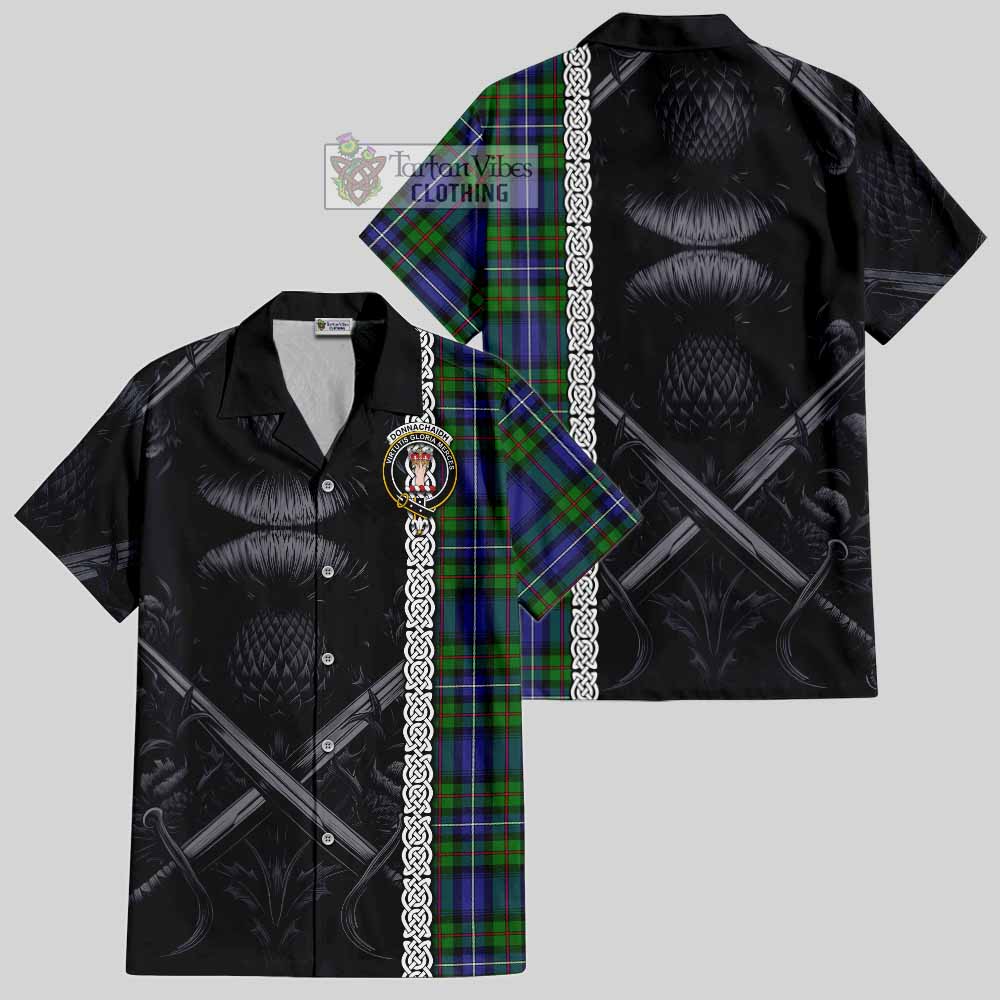 Tartan Vibes Clothing Donnachaidh Tartan Short Sleeve Button Shirt with Family Crest Cross Sword Thistle Celtic Vibes