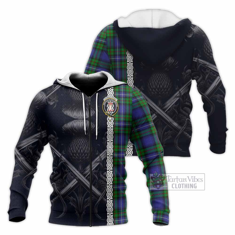 Tartan Vibes Clothing Donnachaidh Tartan Knitted Hoodie with Family Crest Cross Sword Thistle Celtic Vibes