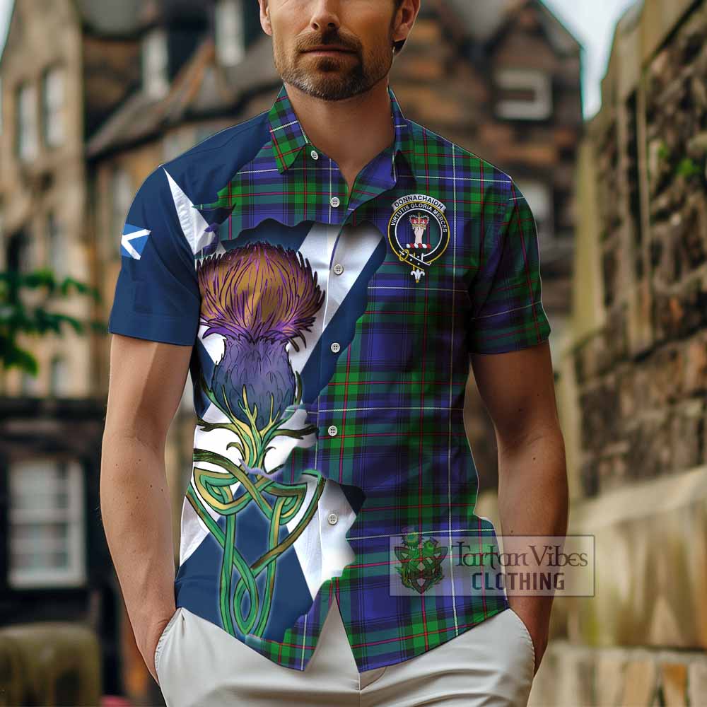 Tartan Vibes Clothing Donnachaidh Tartan Family Crest Short Sleeve Button Shirt Scottish Thistle Celtic Inspired