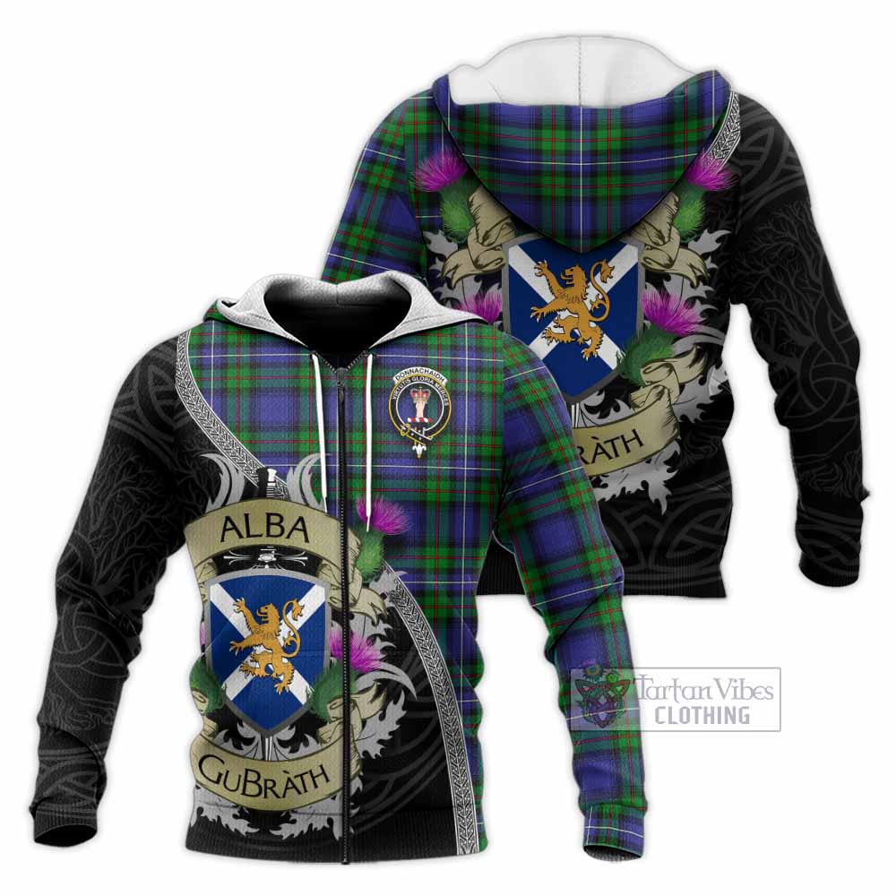 Tartan Vibes Clothing Donnachaidh Tartan Family Crest Knitted Hoodie Lion Rampant Royal Thistle Shield Celtic Inspired