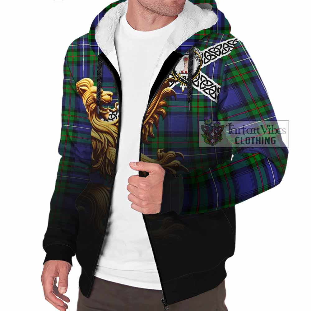 Tartan Vibes Clothing Donnachaidh Crest Tartan Sherpa Hoodie with Golden Lion Emblem Celtic Style