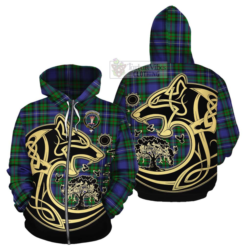 Tartan Vibes Clothing Donnachaidh Tartan Cotton Hoodie with Family Crest Celtic Wolf Style