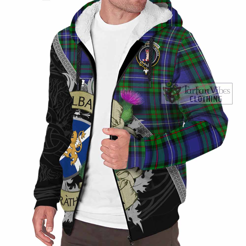 Tartan Vibes Clothing Donnachaidh Tartan Family Crest Sherpa Hoodie Lion Rampant Royal Thistle Shield Celtic Inspired