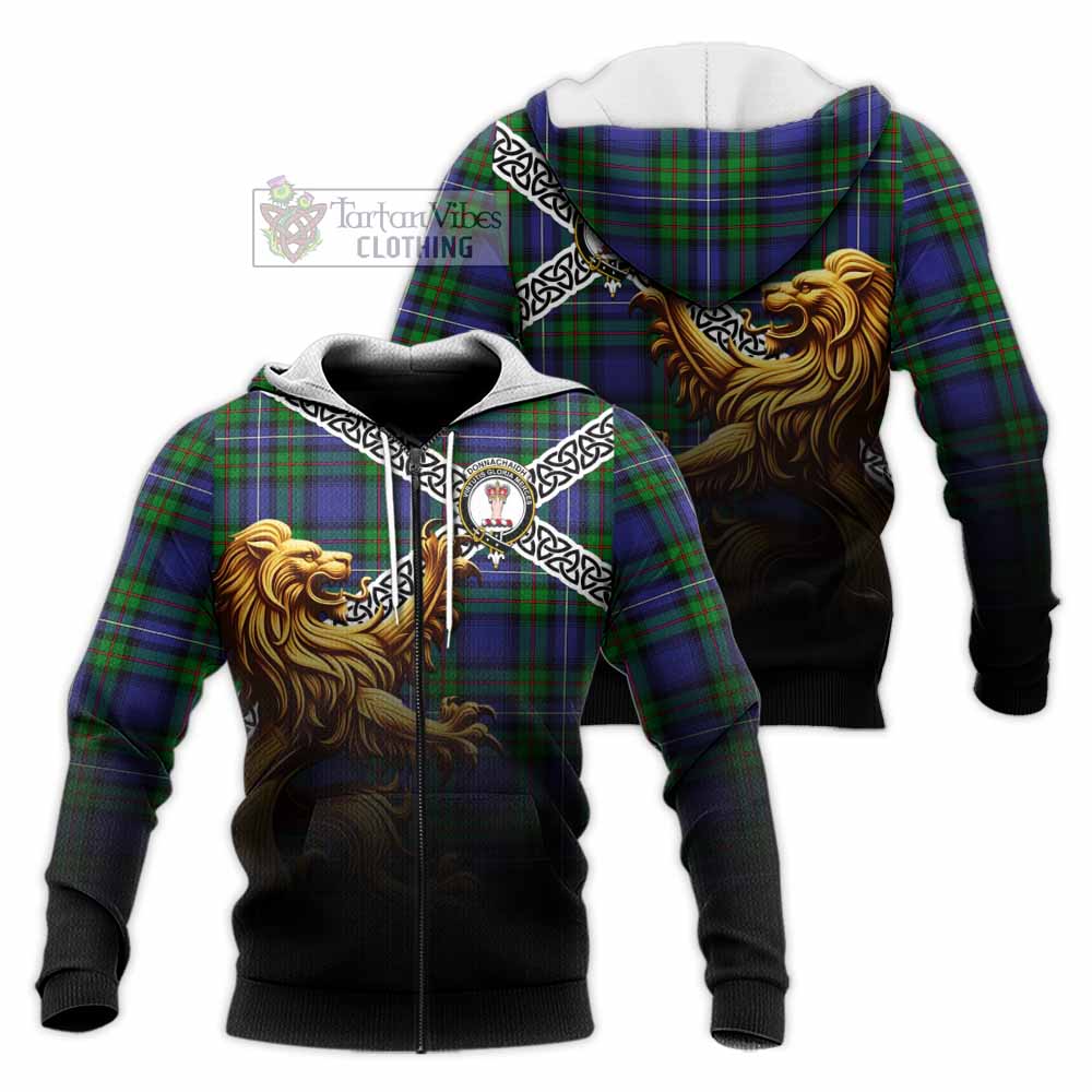 Tartan Vibes Clothing Donnachaidh Crest Tartan Knitted Hoodie with Golden Lion Emblem Celtic Style
