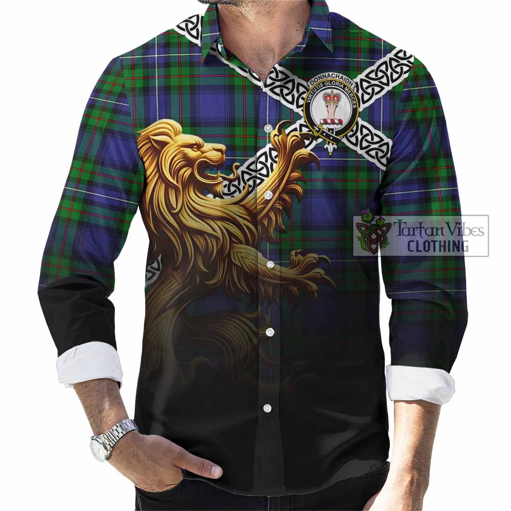 Tartan Vibes Clothing Donnachaidh Crest Tartan Long Sleeve Button Shirt with Golden Lion Emblem Celtic Style