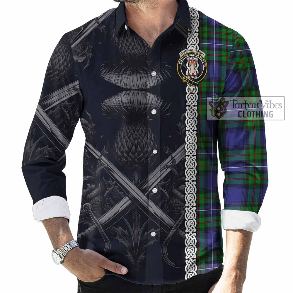 Tartan Vibes Clothing Donnachaidh Tartan Long Sleeve Button Shirt with Family Crest Cross Sword Thistle Celtic Vibes